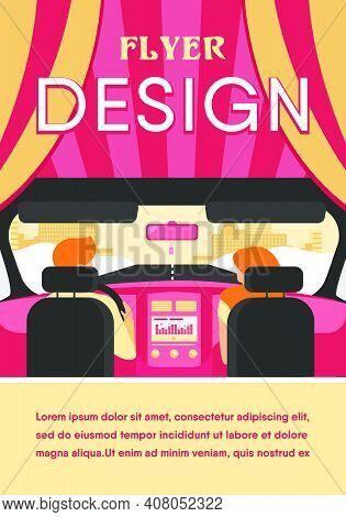 Couple Riding Vehicle. Back View Of Driver And Passenger Inside Car Interior. View From Backseat. Ve