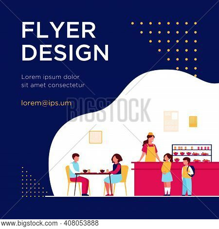 Lunch In School Cafeteria Concept. Teen Boys And Girls Eating In School Canteen Or Cafe, Standing At