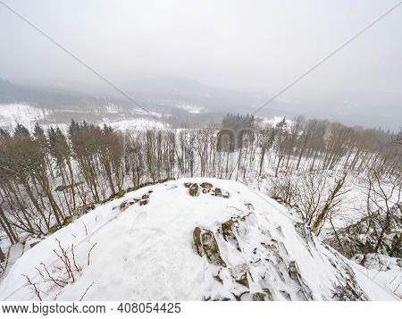 Volcano Rock Formation Zlaty Vrch Built Pentagonal And Hexagonal Basalt Columns. Looks Like Giant Or