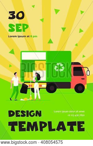 People Loading Garbage Into Truck. Trash Pickup With Recycling Sign Flat Vector Illustration. Garbag