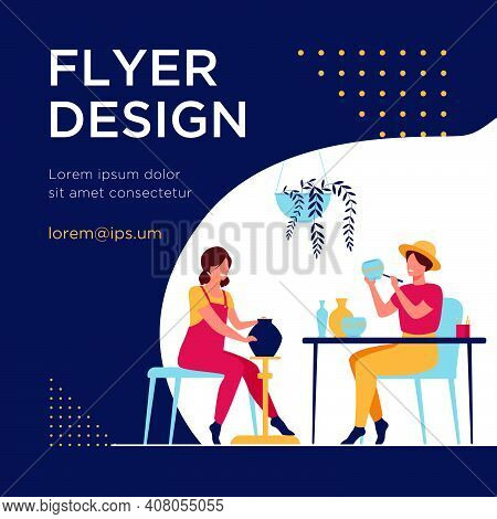 Smiling Female Artists Creating Ceramic Vase From Clay Isolated Flat Vector Illustration. Cartoon Ce