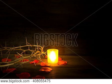 Thorns Candle And Rose Petals Christian Symbol