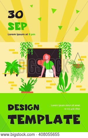 Woman Sticking Out From Window With Home Plants. Houseplants, Greenhouse, Eco Interior Flat Vector I