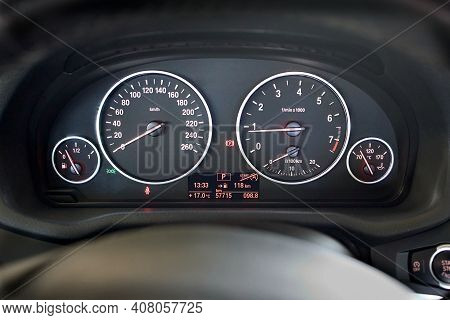 Grodno, Belarus - June 2020: Bmw X3 Ii F25 2.0i Xdrive Rev Counter Of Car Selective Focus Closeup Wi