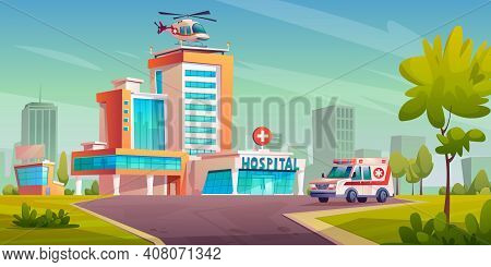 Hospital Building With Ambulance Van, Helicopter On Roof, Cityscape With Trees And Skyscrapers. Mode