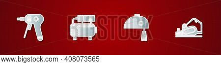 Set Electric Hot Glue Gun, Air Compressor, Mixer And Planer Tool Icon. Vector