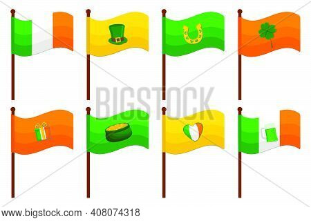 Irish Holiday St Patrick Day, Big Set From Flags On Stick. Pattern St Patrick Day Consisting Of Many