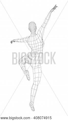 Wireframe Ballerina Or Dancer In Dance Pose. Vector 3d Rendering