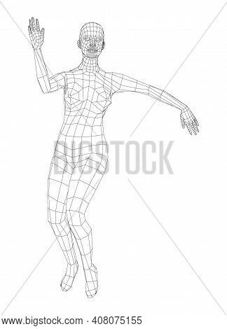 Wireframe Ballerina Or Dancer In Dance Pose. Female Dancing Salsa. Vector 3d Rendering