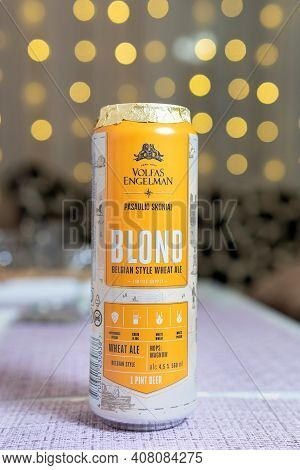 Tyumen, Russia-january 15, 2021: Volfas Engelman Blond Pinta Wheat Ale. Selective Focus. Vertical Ph