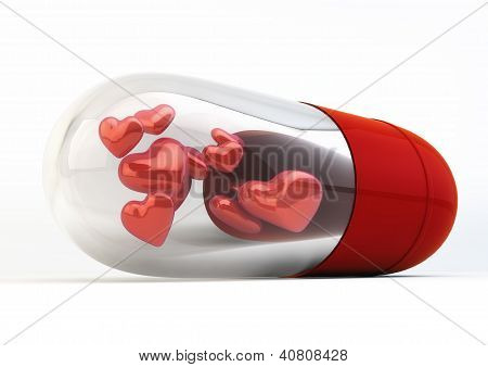 흰색 바탕에 붉은 사랑의 알 약 캡슐 3D 내부 그림 격리