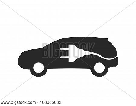 Electric Car Icon. Environment And Eco Transport Symbol. Car And Electric Plug. Isolated Vector Imag