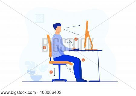 Instruction For Correct Pose During Office Work Flat Vector Illustration. Cartoon Worker Sitting At 