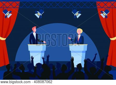 Two Politicians Taking Part In Political Debates In Front Of Audience Isolated Flat Vector Illustrat