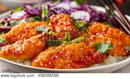 Korean Fried Chicken With Red Cabbage Salad And White Rice. Asian Food