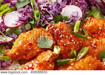 Korean Fried Chicken With Red Cabbage Salad And White Rice. Asian Food