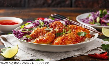 Korean Fried Chicken With Red Cabbage Salad And White Rice. Asian Food