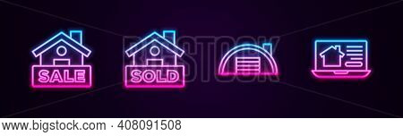Set Line Hanging Sign With Sale, Text Sold, Warehouse And Online Real Estate. Glowing Neon Icon. Vec