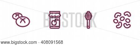 Set Line Bread Loaf, Honey Dipper Stick, Jam Jar And Jelly Candy Icon. Vector