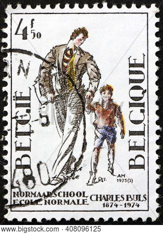 Belgium - Circa 1975: A Stamp Printed In Belgium Dedicated To Charles Buls Normal School For Boys, M