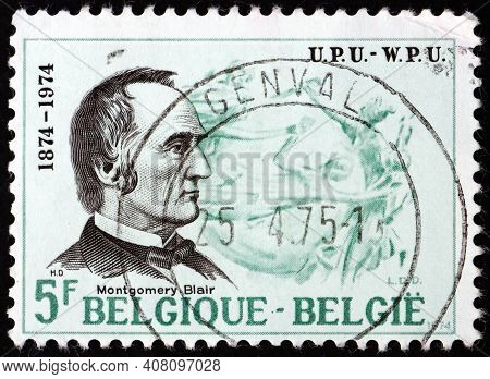 Belgium - Circa 1974: A Stamp Printed In Belgium Shows Montgomery Blair, The Founder Of The Upu, Cir