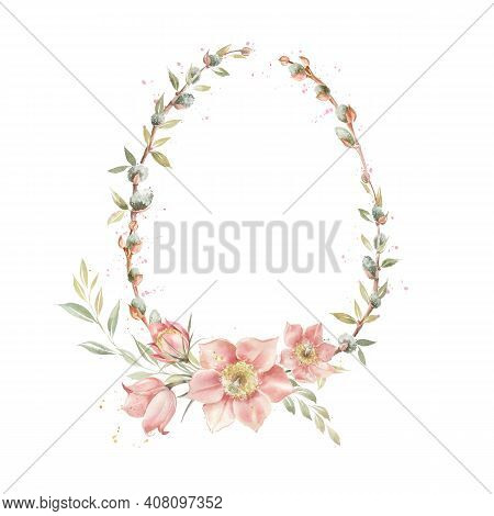 Easter Wreath With Pussy Willow Branches And Primrose Flowers. Delicate Oval Frame With Spring Flowe