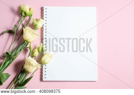 Delicate Eustoma Flowers On A Pink And White Background. Blank Notebook And Copy Space. Congratulato
