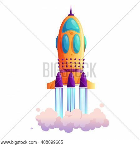 Takeoff Of Rocketship, Traces And Clouds, Shuttle Flight Isolated Cartoon Icon. Vector New Project O