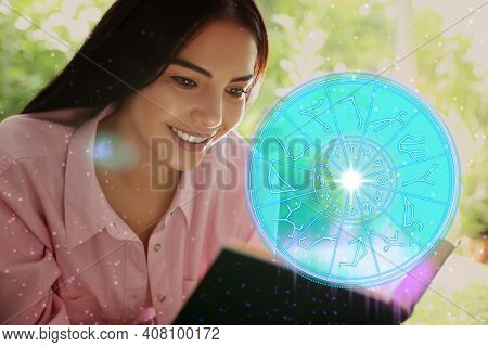Young Woman Reading Book Outdoors And Illustration Of Zodiac Wheel With Astrological Signs