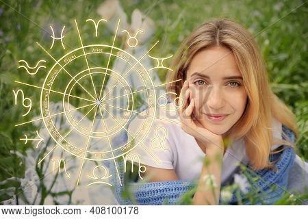 Beautiful Young Woman Outdoors And Illustration Of Zodiac Wheel With Astrological Signs