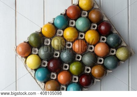Set Of Colorful Easter Eggs Colored With Natural Dye - Turmeric, Onion Skin, Carcade, Red Cabbage An