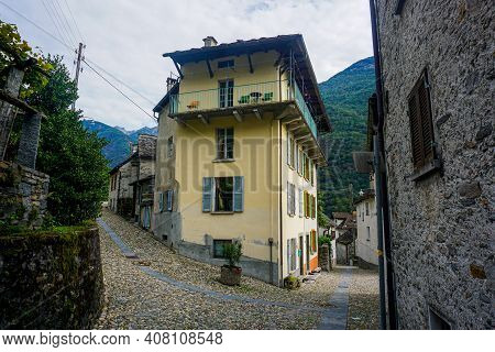 Beautiful Scene In The Village Lodano, Valle Maggia, Ticino, Switzerland