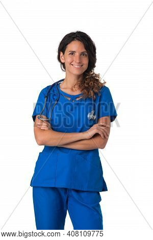 Portrait Of Happy Smiling Female Nurse In Blue Uniform With Stethoscope Isolated On White Background