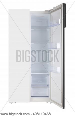 Major Appliance - Front View White One Open Door Two-door Side By Side Refrigerator Fridge On A Whit