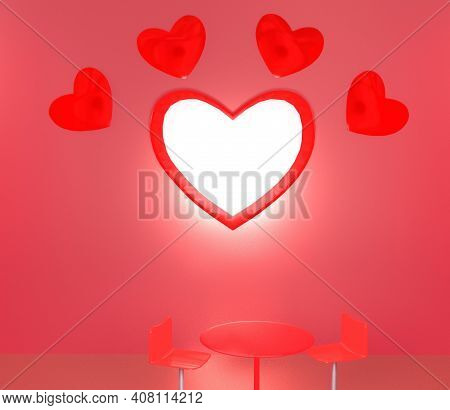 3d Rendering Valentines Day Background Mock Up, Love Shape And Some Loves. Pink, Red, Silver And Whi
