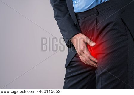 Urological Genital Infections Concept, Pain In Prostate, Office Worker Suffering From Prostatitis Or