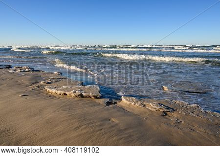 Frozen Shore Of The Beach In Debki In Northern Poland.