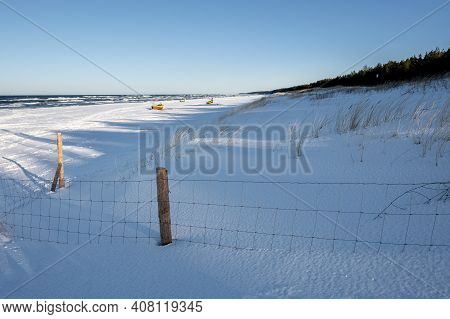 Snow Covered Beach On The Baltic Sea. Debki, Poland