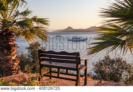 A Beautiful Place To Relax With A Wonderful View Of The Sea At Sunset. Mediterranean Coastline With 