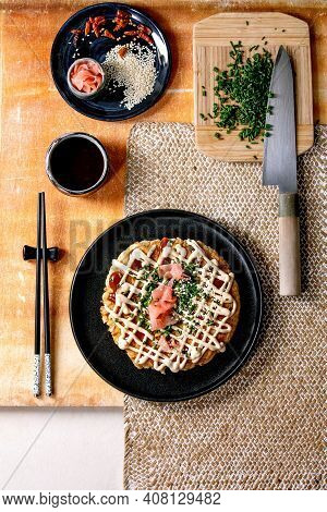 Homemade Japanese Fast Food Okonomiyaki Cabbage Pancake Decorated By Spring Onion, Pickled Ginger, M