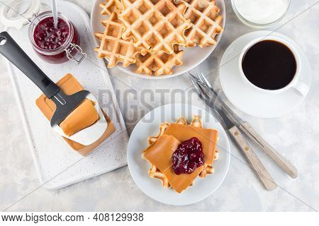 Homemade Waffles With Norwegian Brown Cheese And Lingon Jam, Horizontal,  Top View