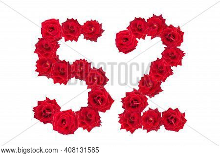 Numeral 52 Made Of Red Roses On A White Isolated Background. Red Roses. Element For Decoration. Fift