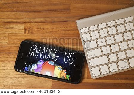 São Paulo, Brazil. Feb 06, 2021: Among Us Application Ready To Start. Game Concept. App Concept