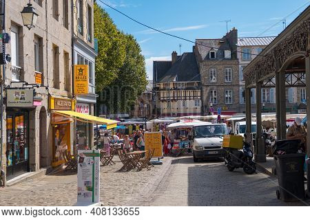 Saint-brieuc, France - August 24, 2019: Market Square With Stalls, Shopping Arcade, Sellers And Shop