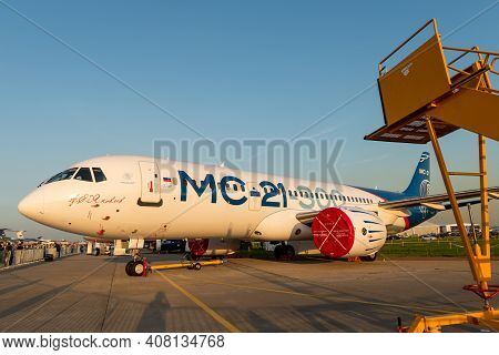 August 30, 2019. Zhukovsky, Russia. Promising Russian Medium-range Narrow-body Passenger Aircraft Ir