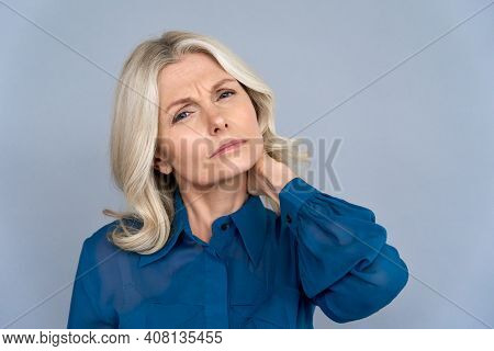 Tired Sick Older Middle Aged 50s Business Woman Rubbing Neck Feeling Discomfort Neck Pain Isolated O