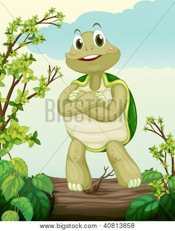 Illustration af en skildpadde stående på tørt træ i en smuk natur