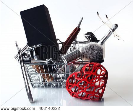 Razors, Brush, Stand Heart In A Handbasket On A White Background.