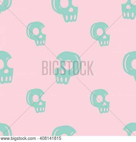 Seamless Repeat Vector Cute Pink And Teal Skull Head Pattern.