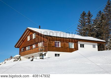 Winter in the swiss alps, Arvenbuel village near Amden canton of St. Gallen in , Switzerland